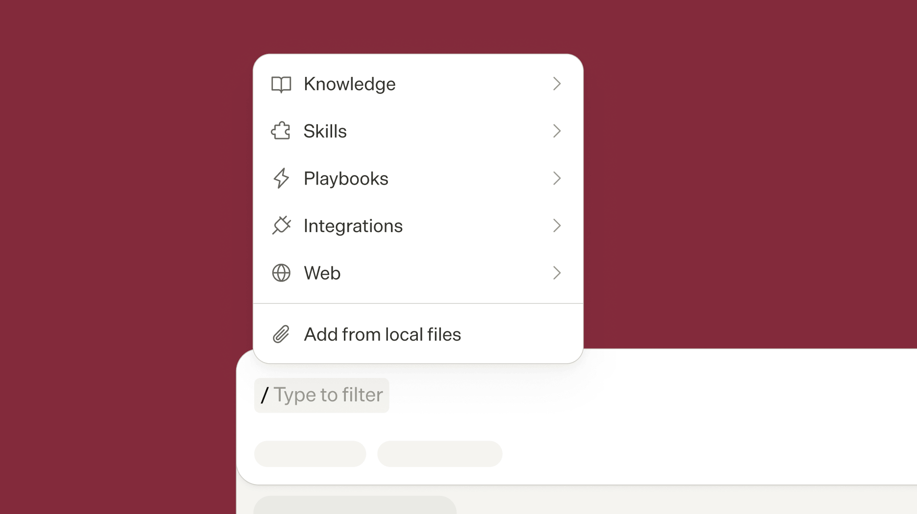 The unified slash menu listing commands, sources, skills, brands, and connectors