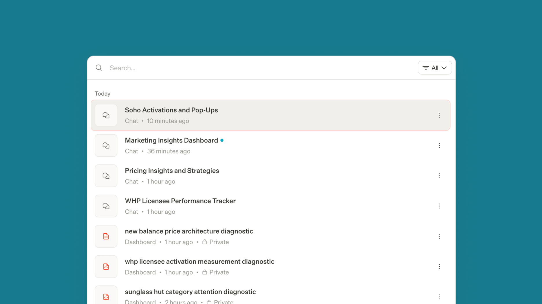 A unified global search listing recent chats and dashboards with a filter control