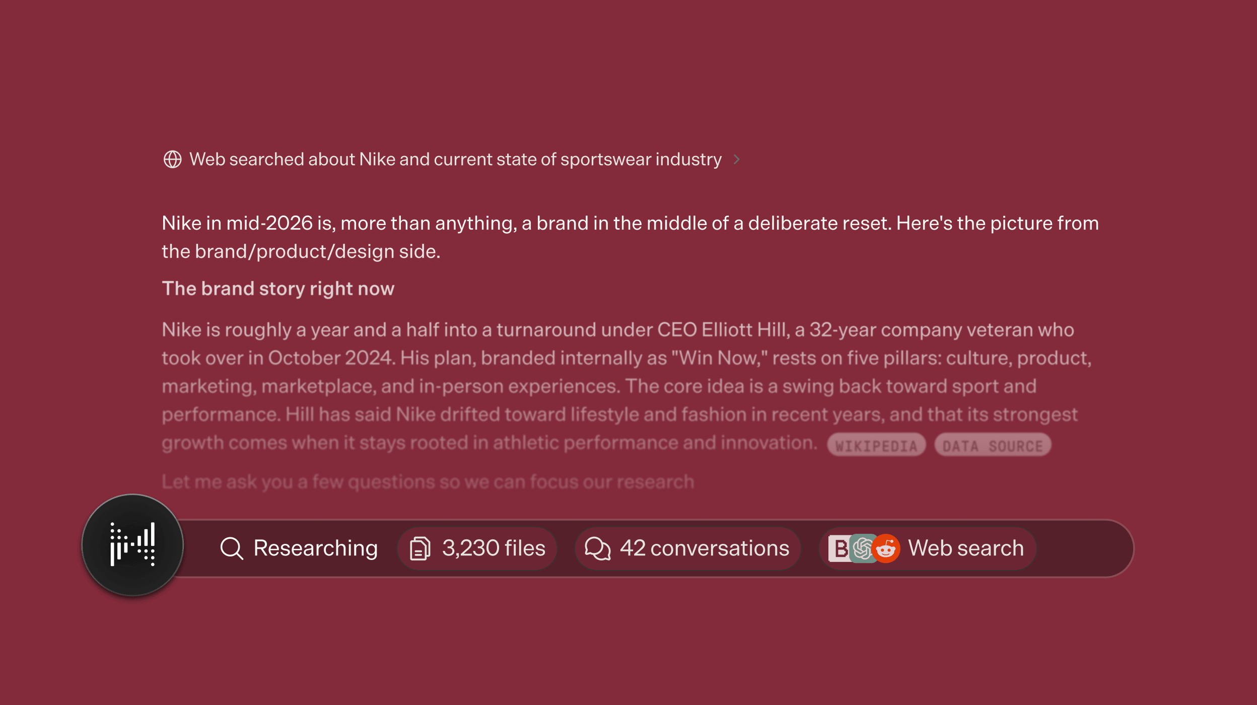 A chat streaming a research answer with a status bar showing files, conversations, and web sources in scope
