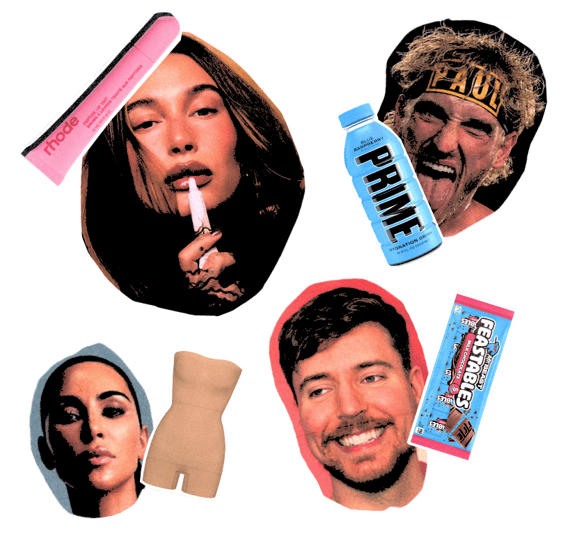 Cutouts of Hailey Bieber with Rhode, Logan Paul with PRIME, Kim Kardashian with SKIMS, and MrBeast with Feastables